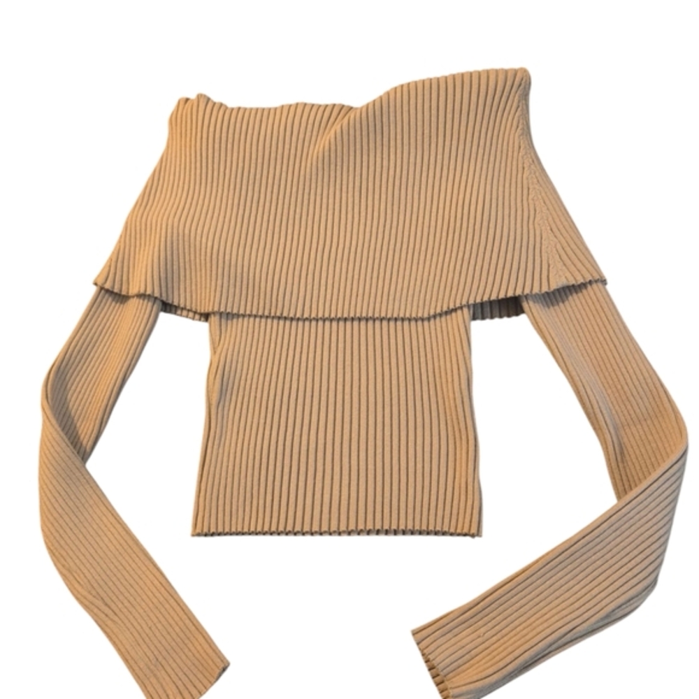 Miss Love Off-Shoulder Ribbed Sweateshirt Tan
